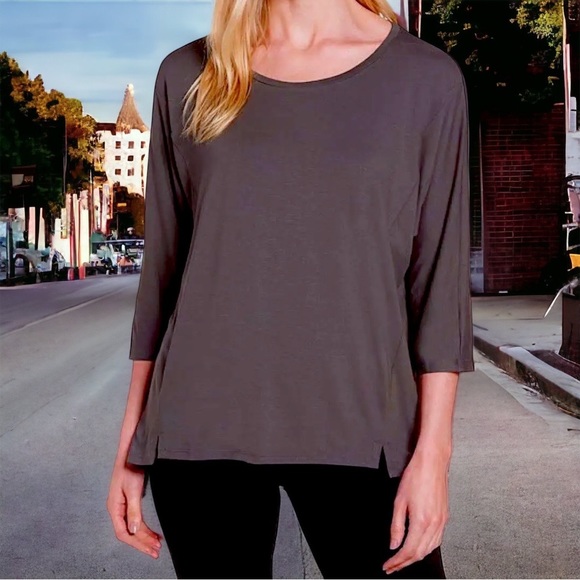 Eileen Fisher VINTAGE Top Jersey Ballet Neck XSmall 2 4 Bark Notched Hem NWT - Picture 4 of 12